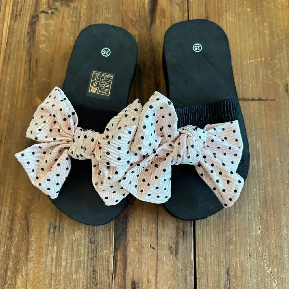 Girls Pink Polka Dot Bow Slide Sandals Size 9